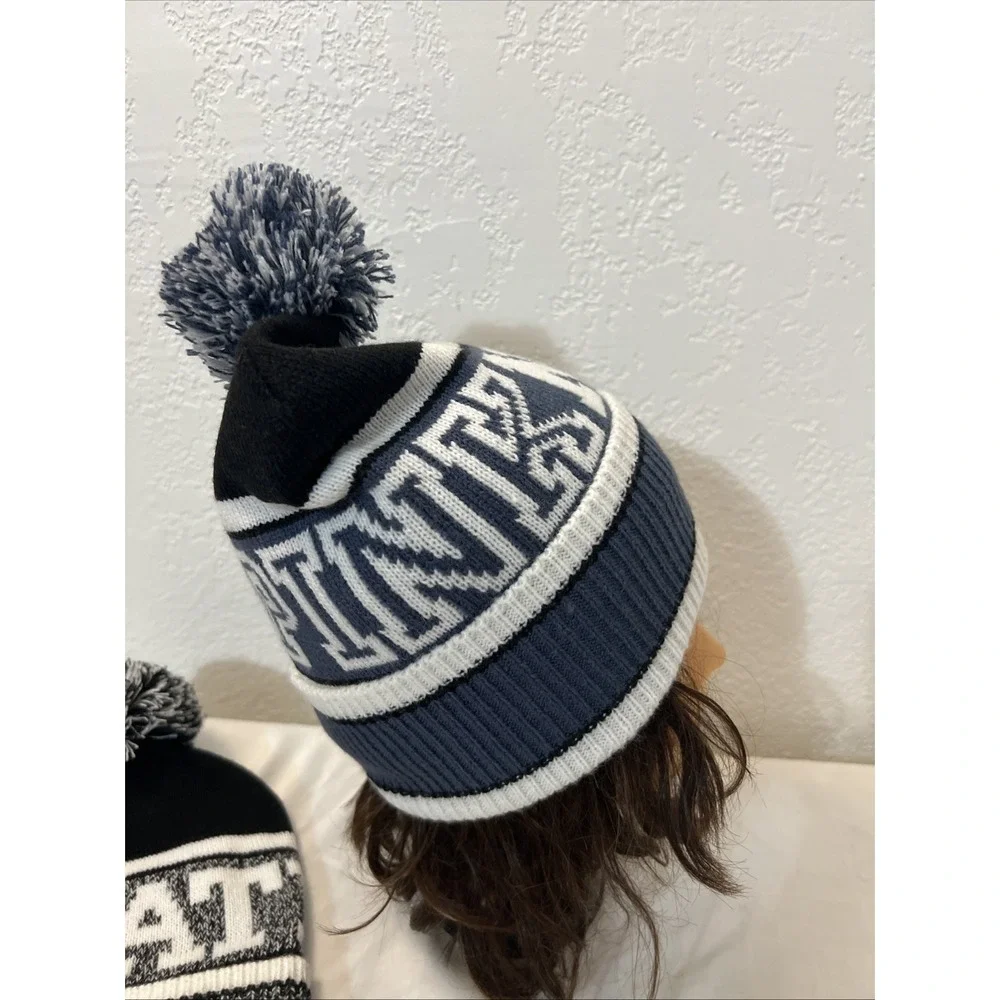 Victoria's Secret‎ Pink Nation Beanie 2 Hats Blue Black Pom NWOT Black White